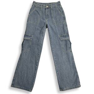 Y2K Cargo Jeans Womens Small 26x28 Blue Relaxed Straight Leg High Rise Utility‎